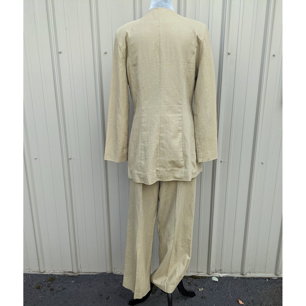 Vintage 90s Linen 2-Pc Pant Suit Set Sz 12 Khaki Wide Leg Shawl Collar Blazer - Picture 7 of 16